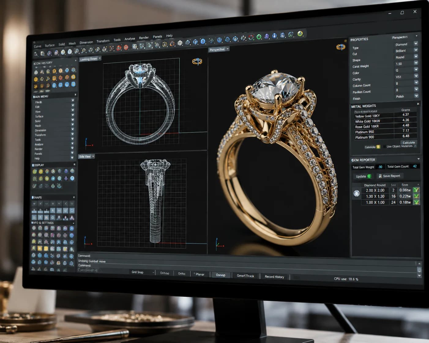 A diamond engagement ring in yellow gold shown as a 3D design on a computer screen