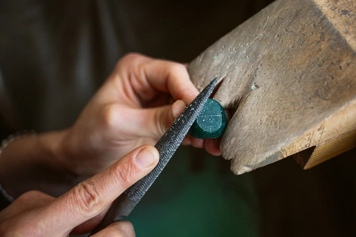Hands shaping a green wax ring model with a file