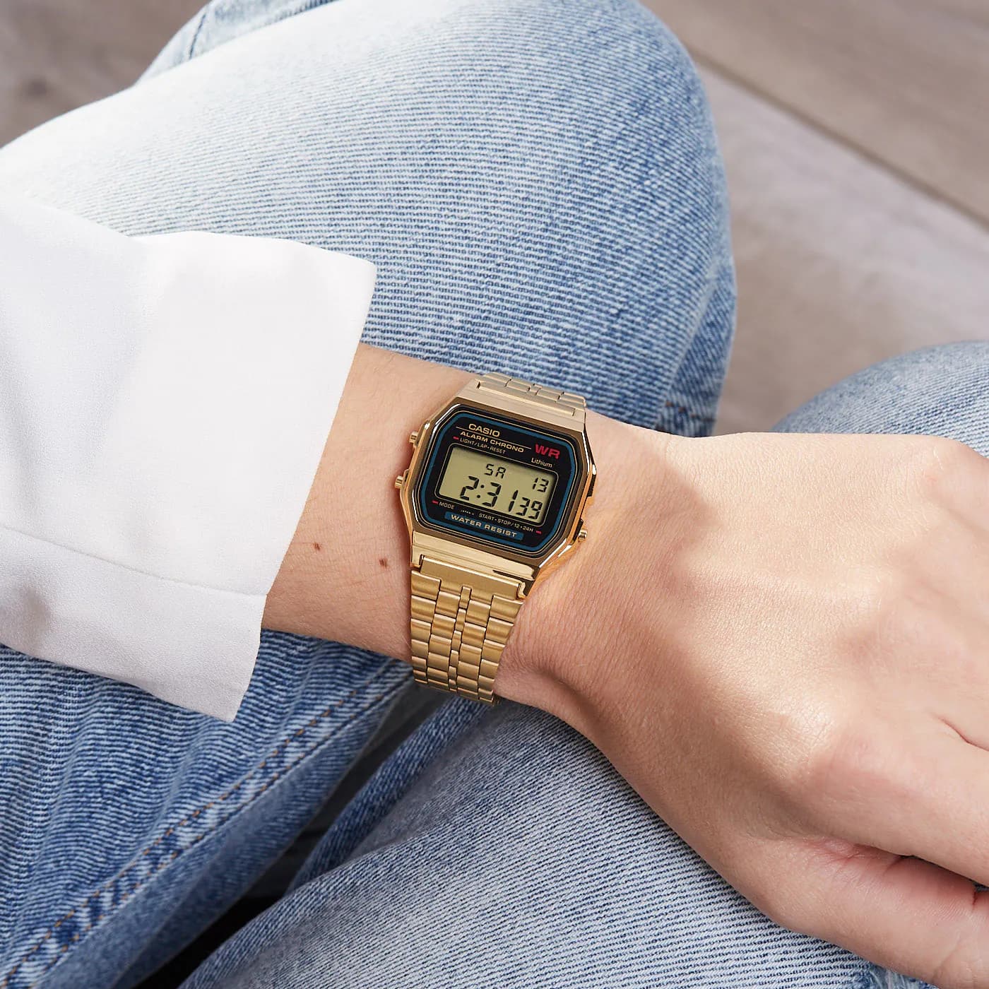 Gold Casio Vintage digital watch worn on a wrist