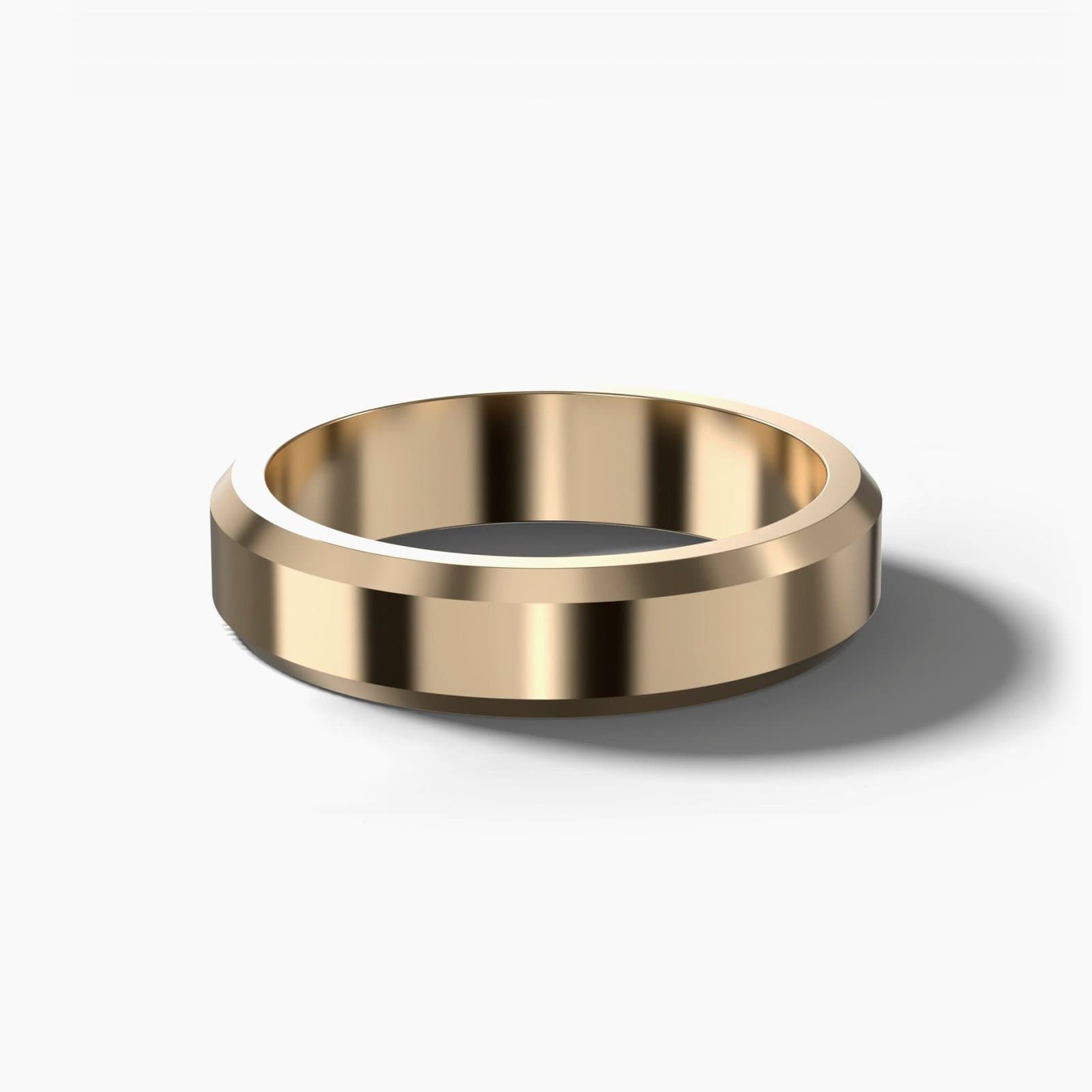 Bevelled edge wedding band, 5 mm wide, in yellow gold
