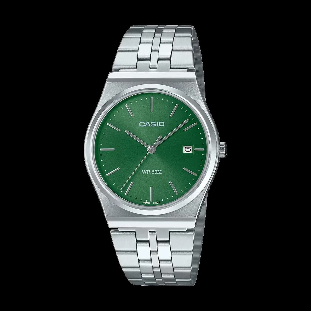 Casio MTP-B145D with a green dial on a steel bracelet