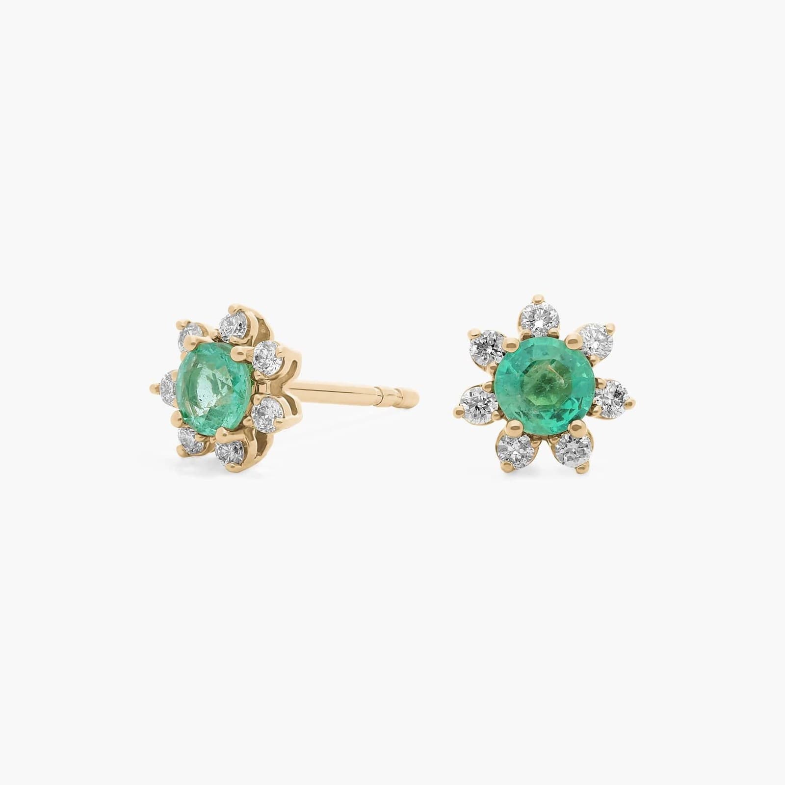 Emerald blossom halo stud earrings in 14K yellow gold