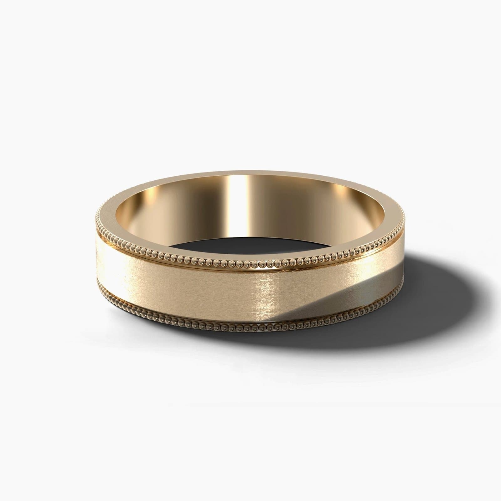 Flat milgrain matte wedding band, 5 mm wide, in yellow gold