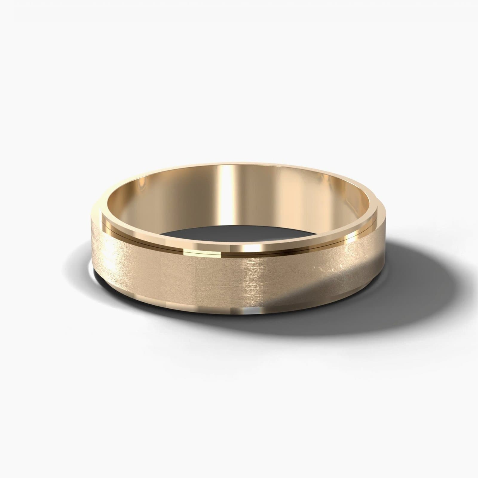 Flat stepped edge matte wedding band, 5 mm wide, in yellow gold