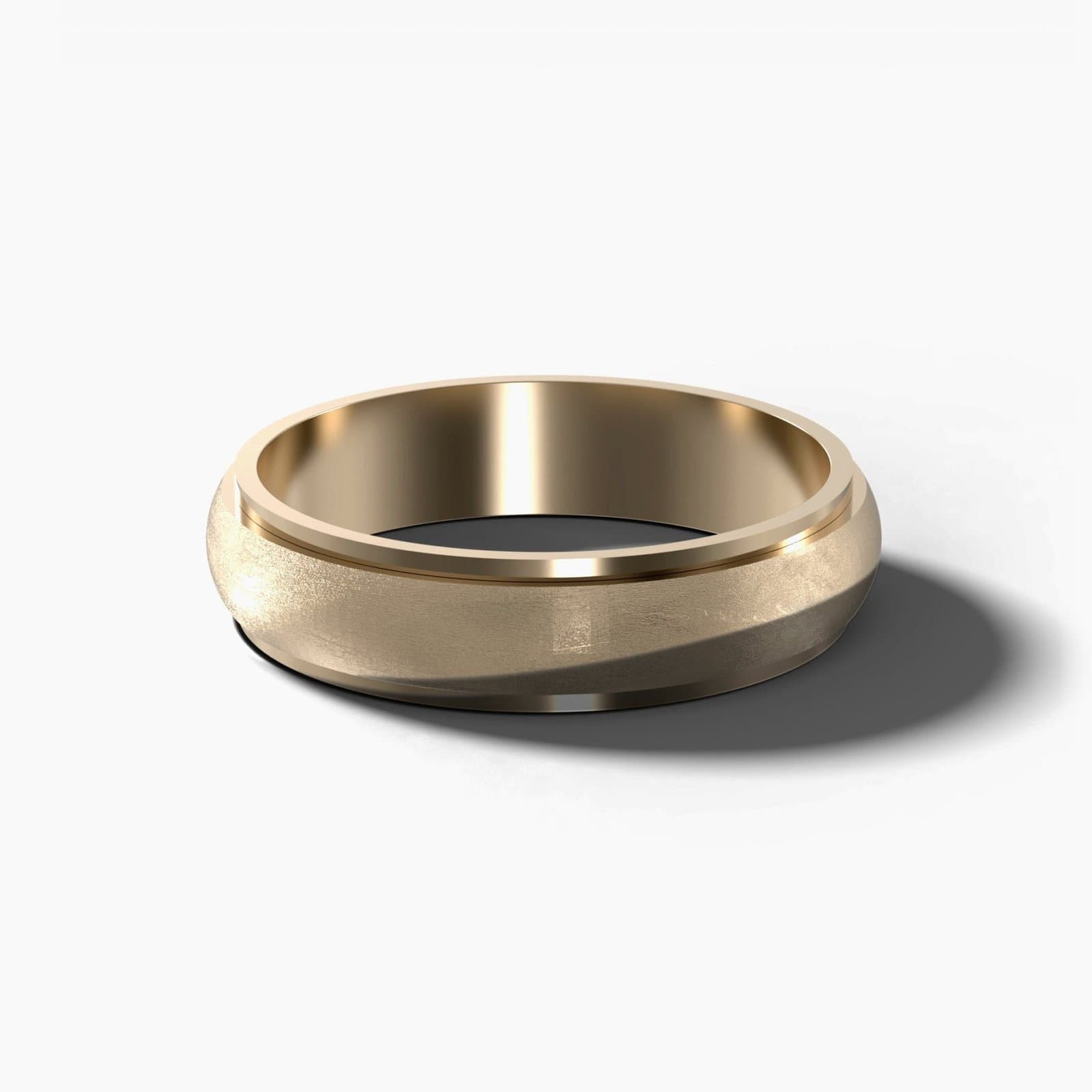 Half round stepped edge matte wedding band, 5 mm wide, in yellow gold