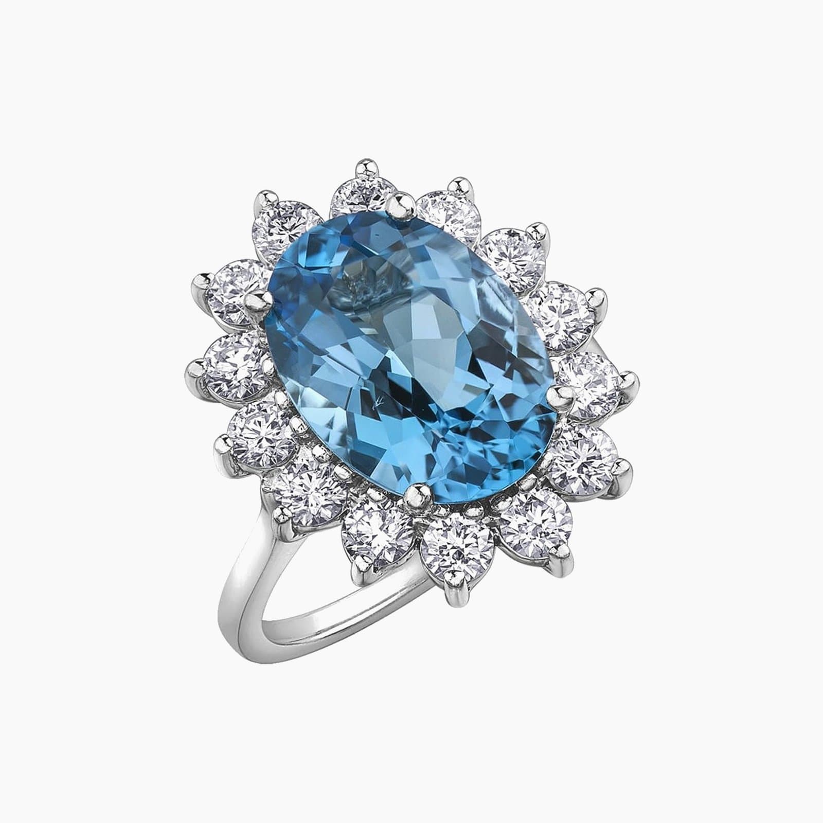 Oval blue topaz and diamond halo ring in 14K white gold
