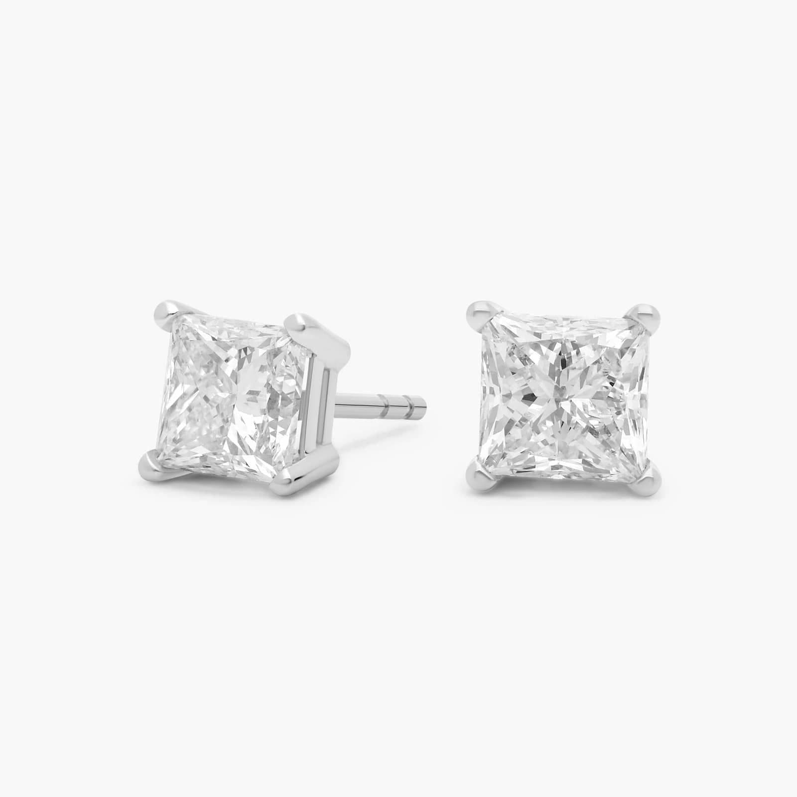Princess cut diamond stud earrings, 2 ct total, in 14K white gold