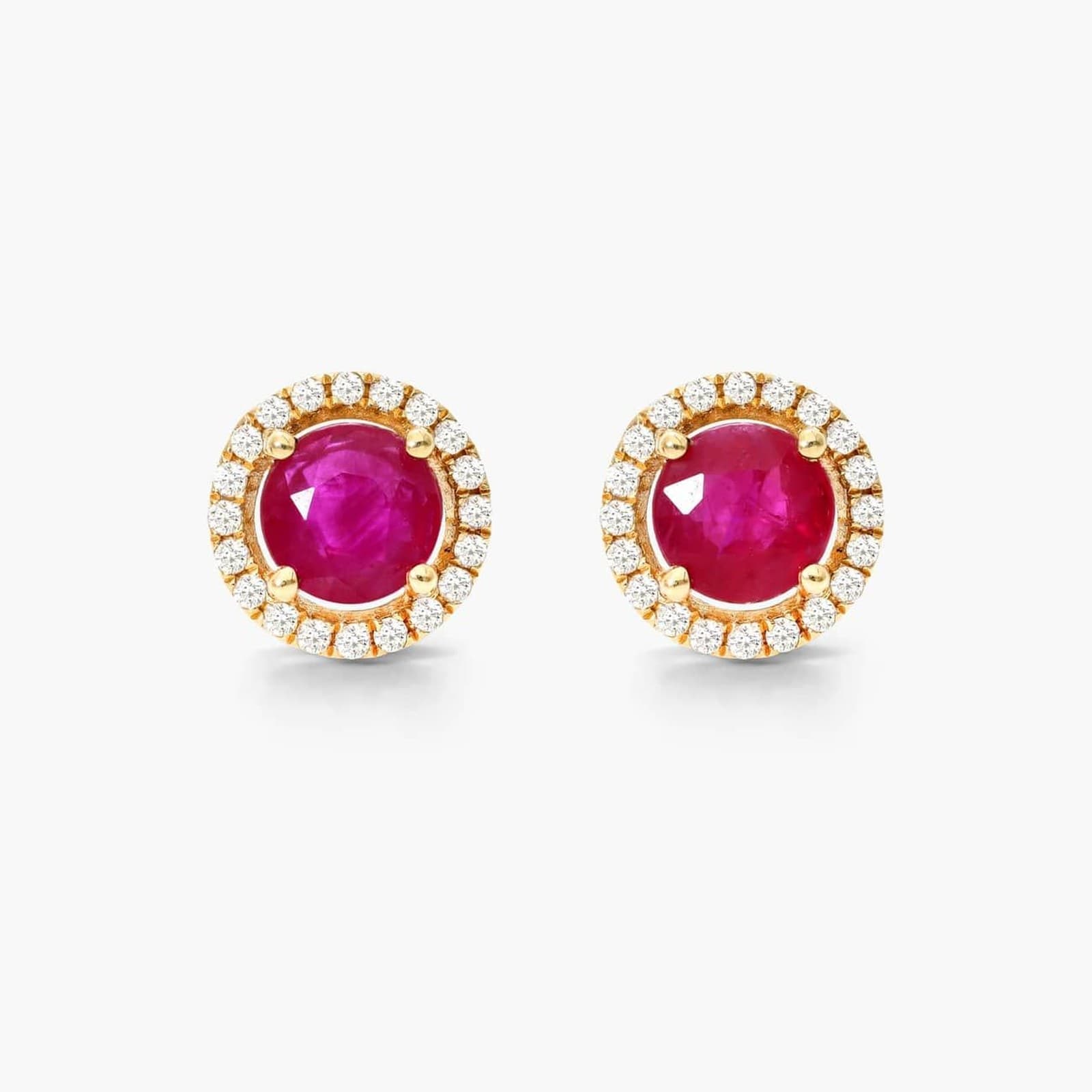 Round ruby and diamond halo stud earrings in 14K yellow gold