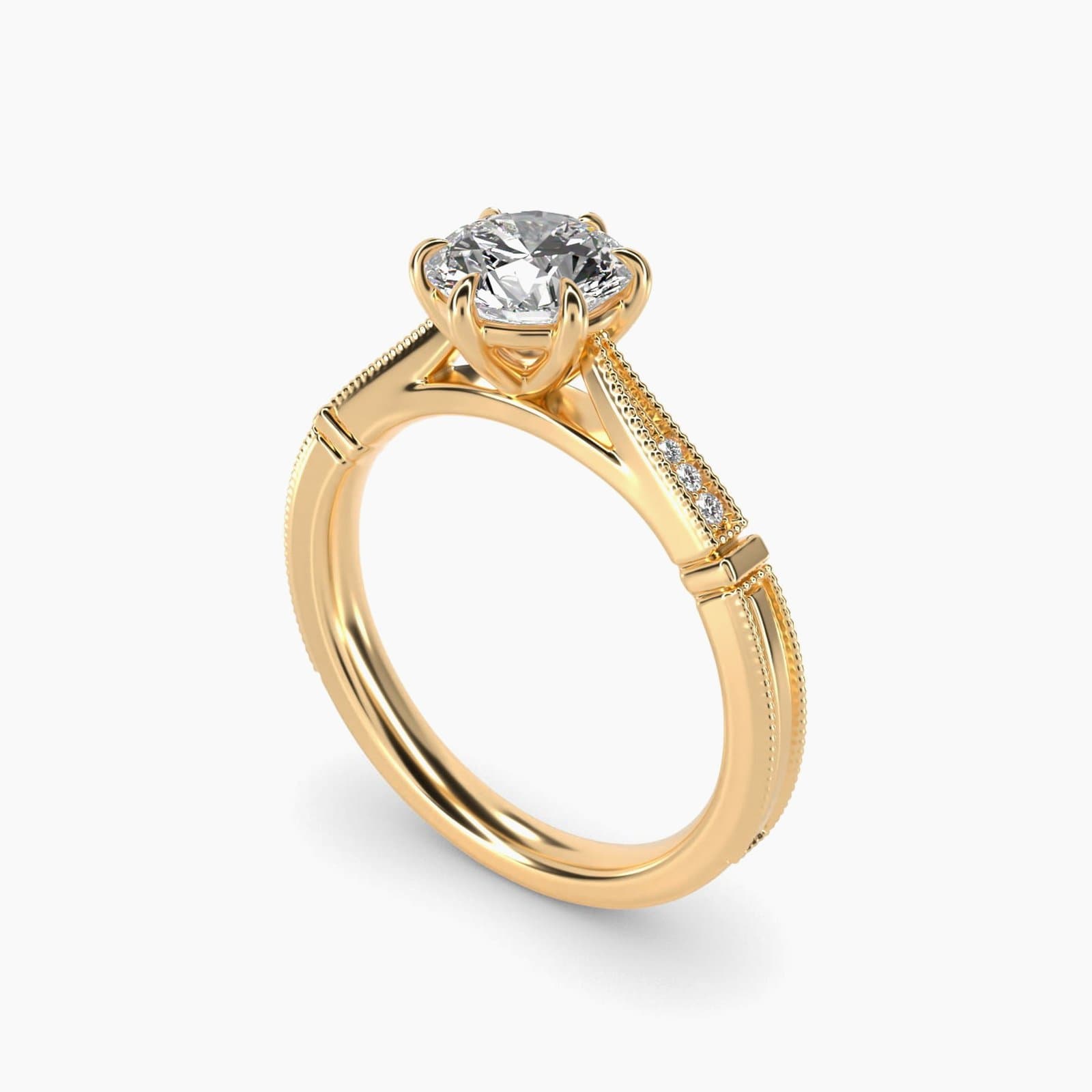Six prong vintage milgrain engagement ring in 14K yellow gold